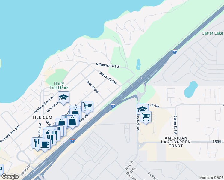 map of restaurants, bars, coffee shops, grocery stores, and more near 8314 Spruce Street Southwest in Lakewood