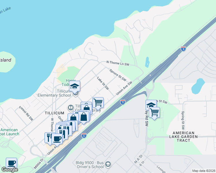 map of restaurants, bars, coffee shops, grocery stores, and more near 14428 Washington Avenue Southwest in Tacoma