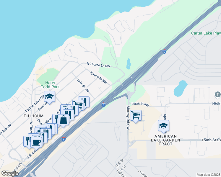 map of restaurants, bars, coffee shops, grocery stores, and more near 14405 Union Avenue Southwest in Lakewood