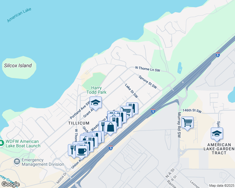 map of restaurants, bars, coffee shops, grocery stores, and more near 14522 Grant Avenue Southwest in Tacoma