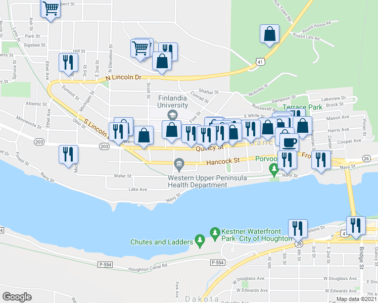 map of restaurants, bars, coffee shops, grocery stores, and more near 518 Quincy Street in Hancock