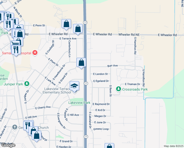 map of restaurants, bars, coffee shops, grocery stores, and more near 622 South Lakeland Drive in Moses Lake