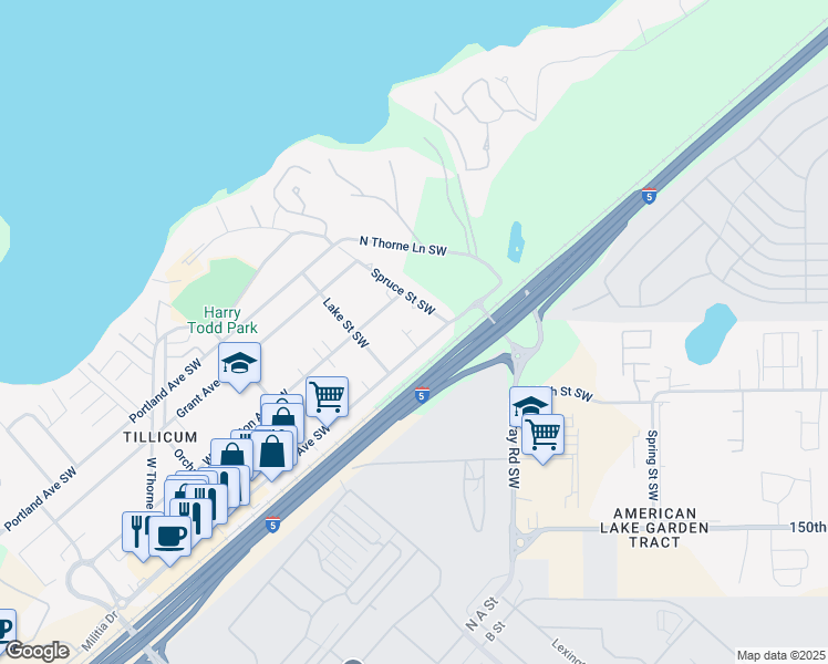 map of restaurants, bars, coffee shops, grocery stores, and more near 8314 Spruce Street Southwest in Lakewood