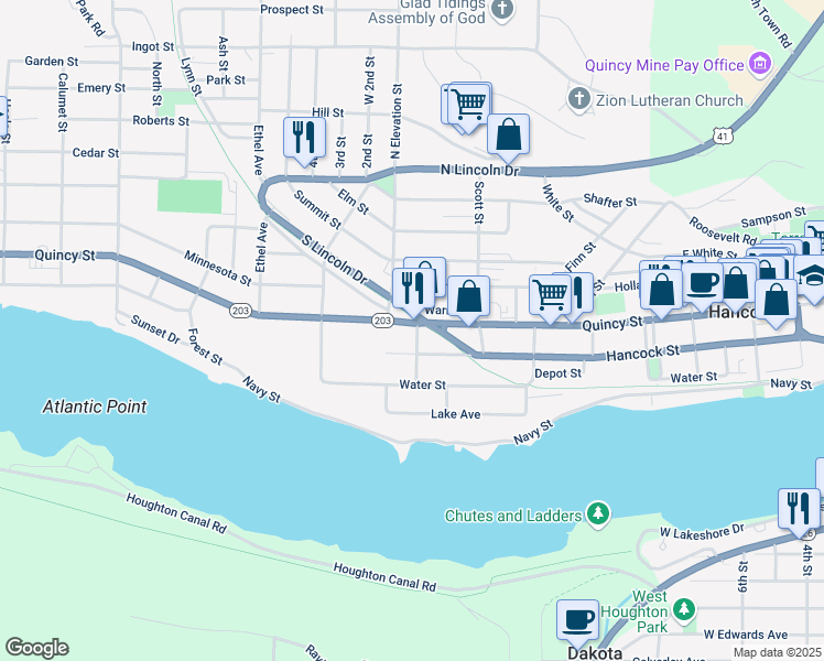 map of restaurants, bars, coffee shops, grocery stores, and more near 813 South Lincoln Drive in Hancock