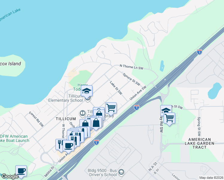map of restaurants, bars, coffee shops, grocery stores, and more near 14510 Washington Avenue Southwest in Lakewood