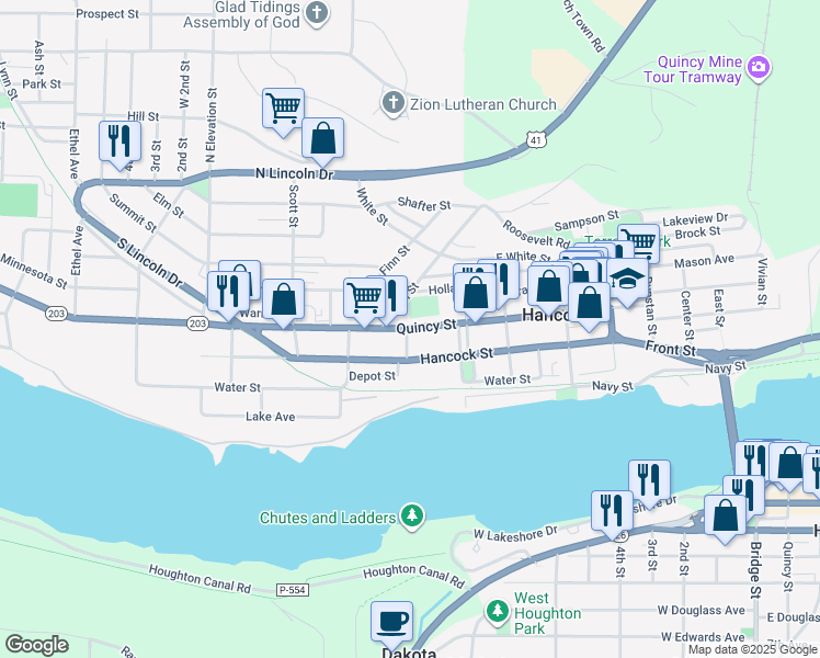 map of restaurants, bars, coffee shops, grocery stores, and more near 601 Quincy Street in Hancock