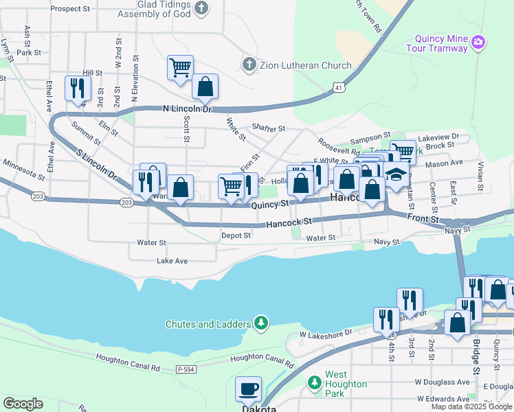 map of restaurants, bars, coffee shops, grocery stores, and more near 525 Quincy Street in Hancock