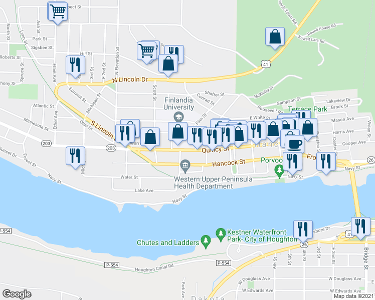 map of restaurants, bars, coffee shops, grocery stores, and more near Quincy Street in Hancock