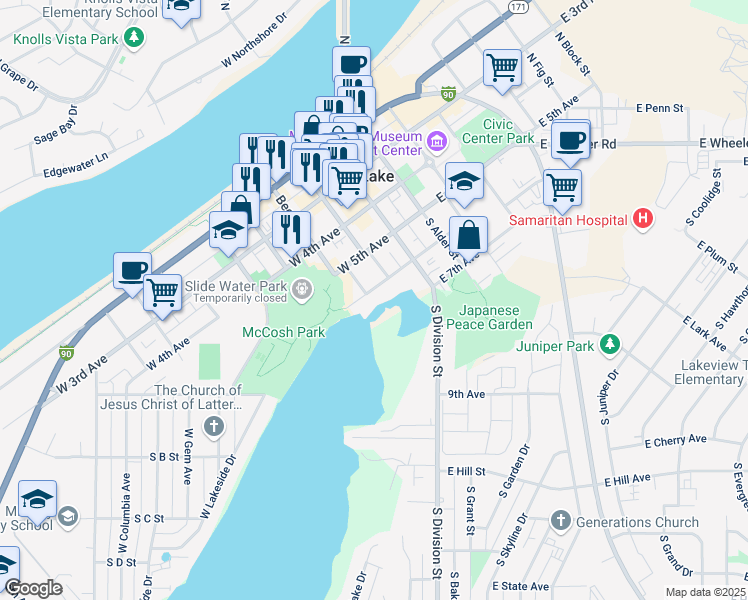 map of restaurants, bars, coffee shops, grocery stores, and more near 303 West 6th Avenue in Moses Lake
