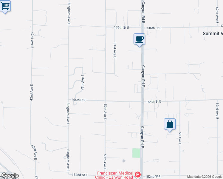 map of restaurants, bars, coffee shops, grocery stores, and more near 14205 50th Avenue East in Tacoma