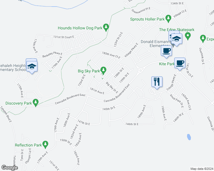map of restaurants, bars, coffee shops, grocery stores, and more near 13716 Big Sky Drive East in Bonney Lake