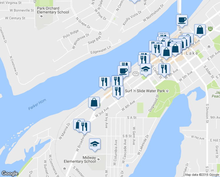 map of restaurants, bars, coffee shops, grocery stores, and more near 824 West Broadway Avenue in Moses Lake