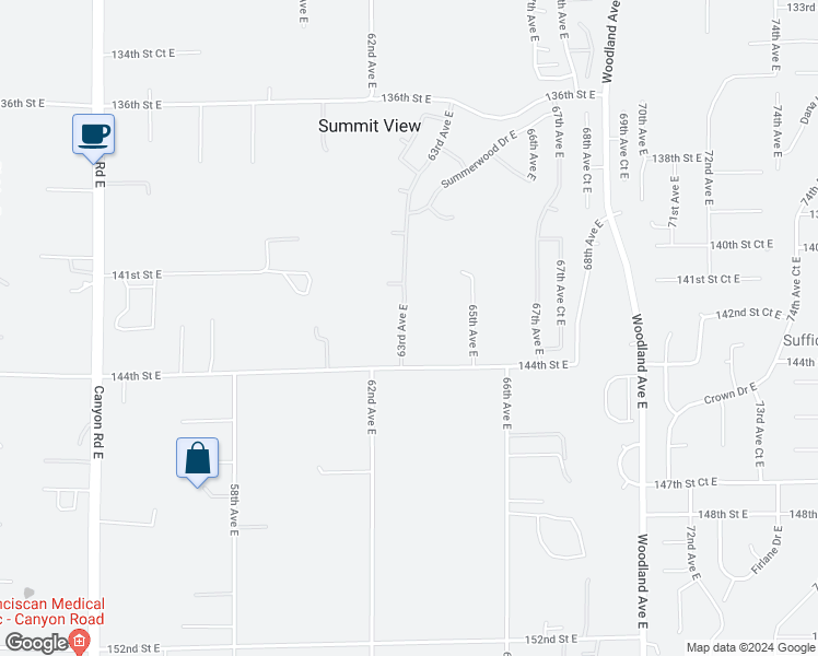map of restaurants, bars, coffee shops, grocery stores, and more near 14223 63rd Avenue East in Puyallup