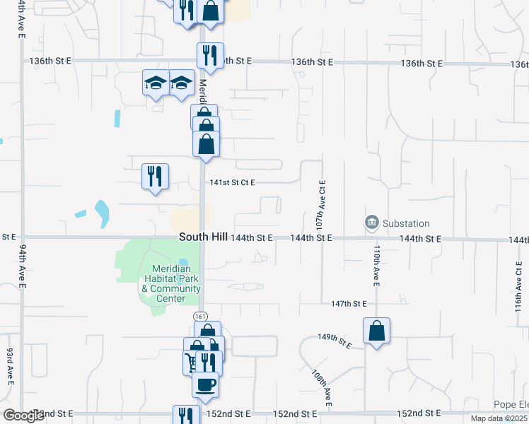 map of restaurants, bars, coffee shops, grocery stores, and more near 14209 103rd Avenue Court East in Puyallup