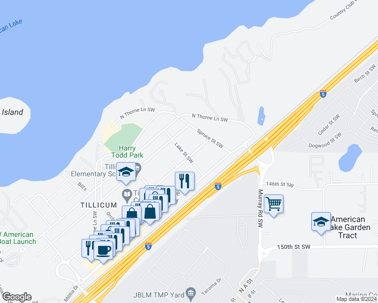 map of restaurants, bars, coffee shops, grocery stores, and more near 14428 Washington Avenue Southwest in Tacoma