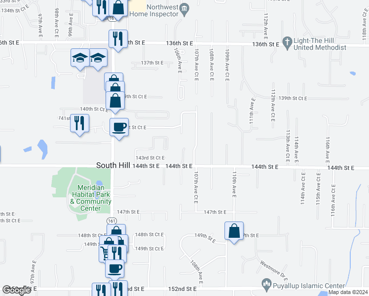 map of restaurants, bars, coffee shops, grocery stores, and more near 13523 106th Avenue East in South Hill
