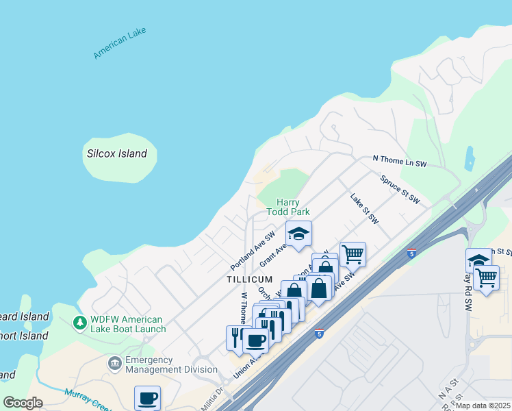 map of restaurants, bars, coffee shops, grocery stores, and more near 14822 Woodlawn Street Southwest in Lakewood