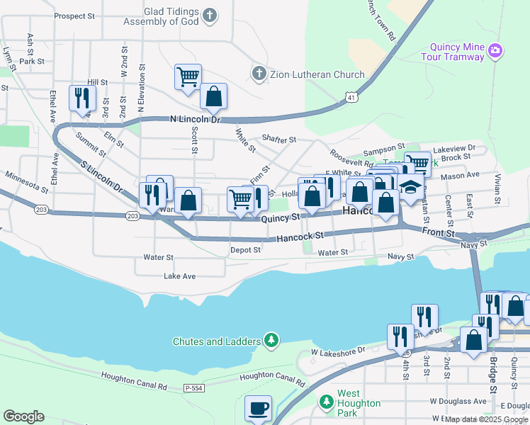 map of restaurants, bars, coffee shops, grocery stores, and more near 601 Quincy Street in Hancock