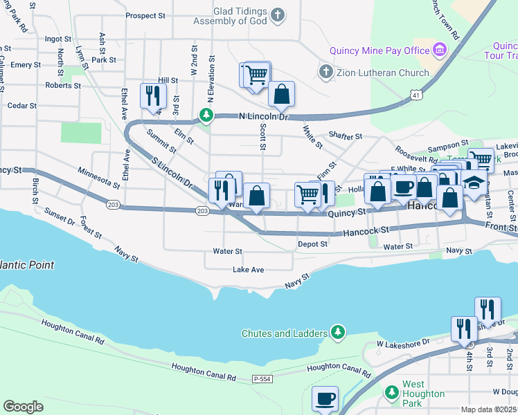 map of restaurants, bars, coffee shops, grocery stores, and more near 801-849 Warren St in Hancock