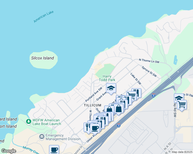 map of restaurants, bars, coffee shops, grocery stores, and more near 14822 Woodlawn Street Southwest in Lakewood