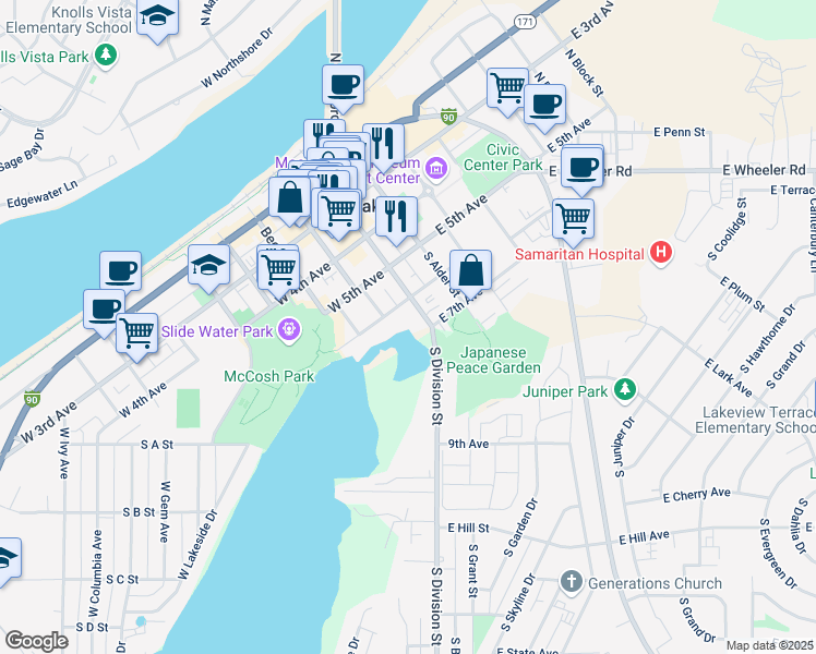 map of restaurants, bars, coffee shops, grocery stores, and more near 608 South Division Street in Moses Lake