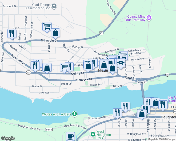 map of restaurants, bars, coffee shops, grocery stores, and more near 317 Quincy Street in Hancock