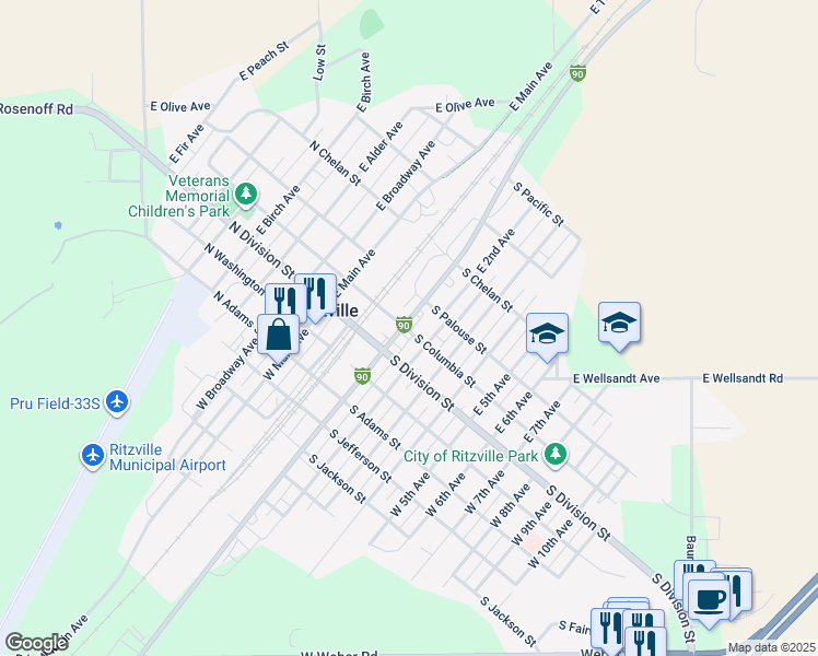 map of restaurants, bars, coffee shops, grocery stores, and more near 210 East 1st Avenue in Ritzville