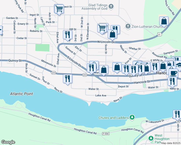 map of restaurants, bars, coffee shops, grocery stores, and more near 801 Warren Street in Hancock