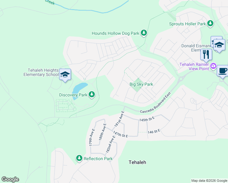 map of restaurants, bars, coffee shops, grocery stores, and more near 18017 133rd Street East in Bonney Lake
