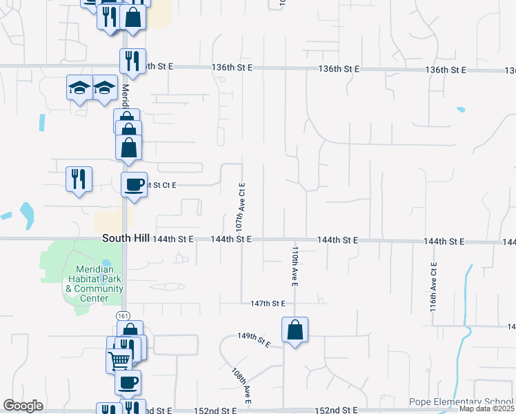 map of restaurants, bars, coffee shops, grocery stores, and more near 14213 108th Avenue Court East in Puyallup