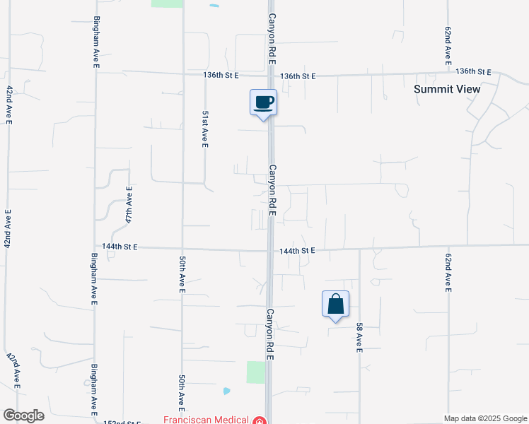 map of restaurants, bars, coffee shops, grocery stores, and more near 345 Canyon Road East in Puyallup