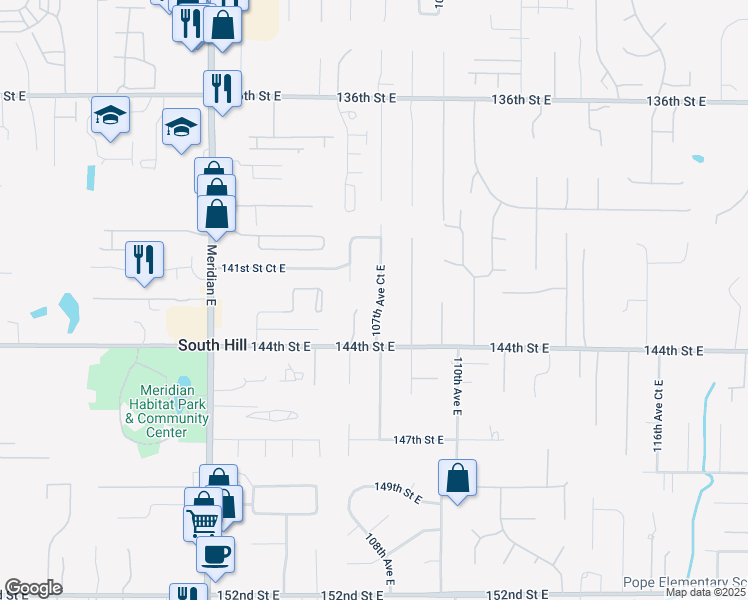 map of restaurants, bars, coffee shops, grocery stores, and more near 14210 107th Avenue Court East in South Hill