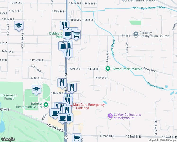 map of restaurants, bars, coffee shops, grocery stores, and more near 14301 1st Avenue East in Tacoma