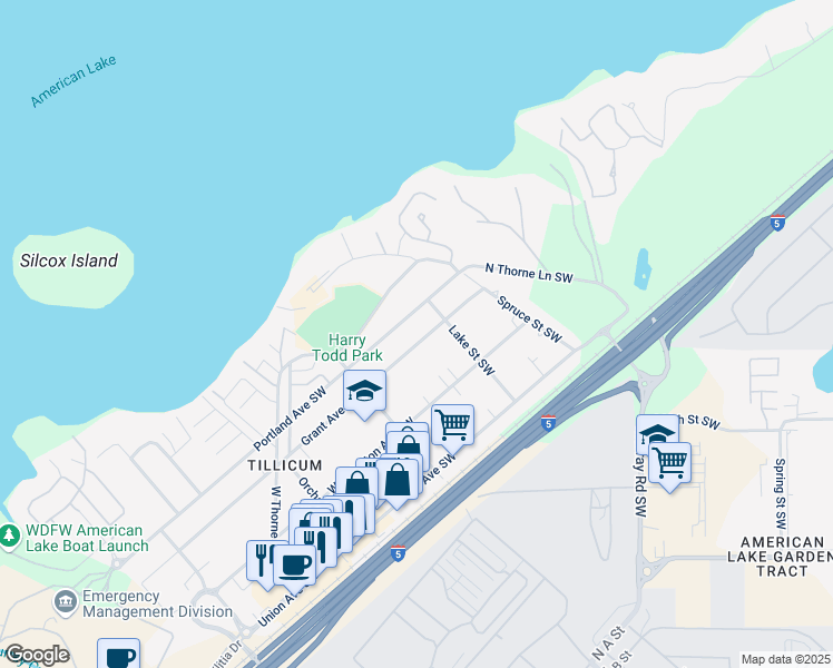 map of restaurants, bars, coffee shops, grocery stores, and more near 14522 Grant Avenue Southwest in Tacoma