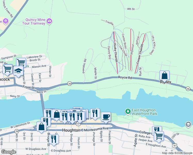 map of restaurants, bars, coffee shops, grocery stores, and more near 200-210 Sherman Street in Hancock