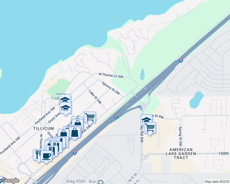 map of restaurants, bars, coffee shops, grocery stores, and more near 8314 Spruce Street Southwest in Lakewood