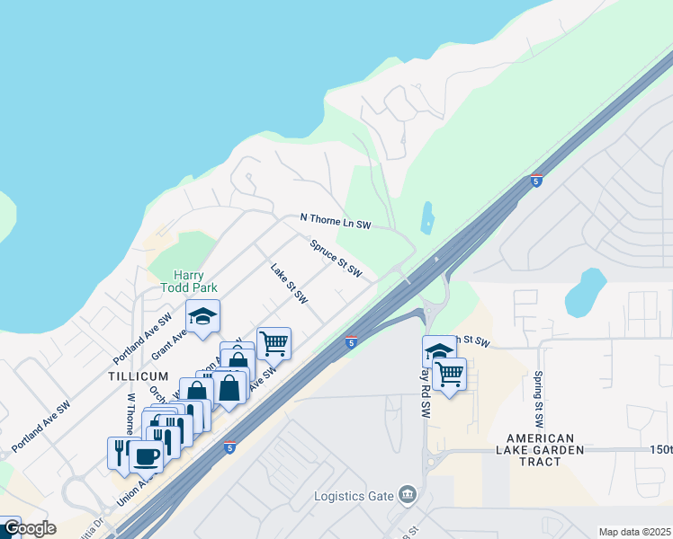map of restaurants, bars, coffee shops, grocery stores, and more near 8314 Spruce Street Southwest in Lakewood