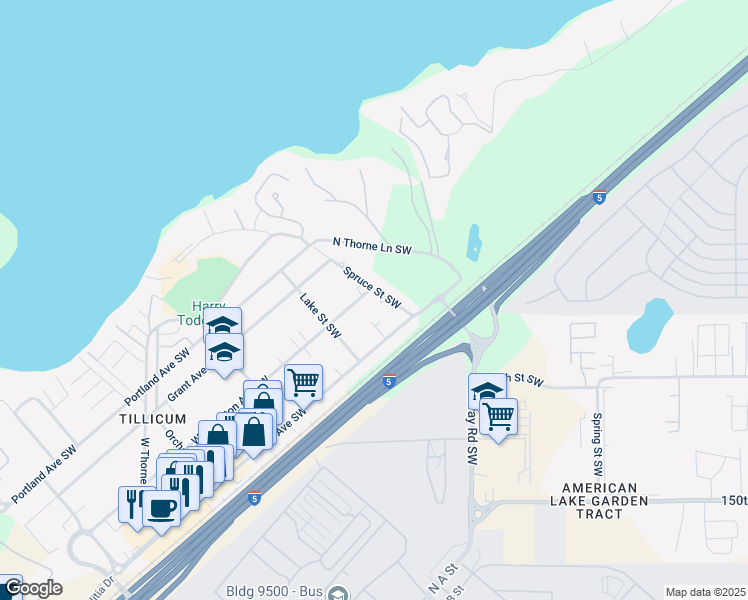 map of restaurants, bars, coffee shops, grocery stores, and more near 8314 Spruce Street Southwest in Lakewood
