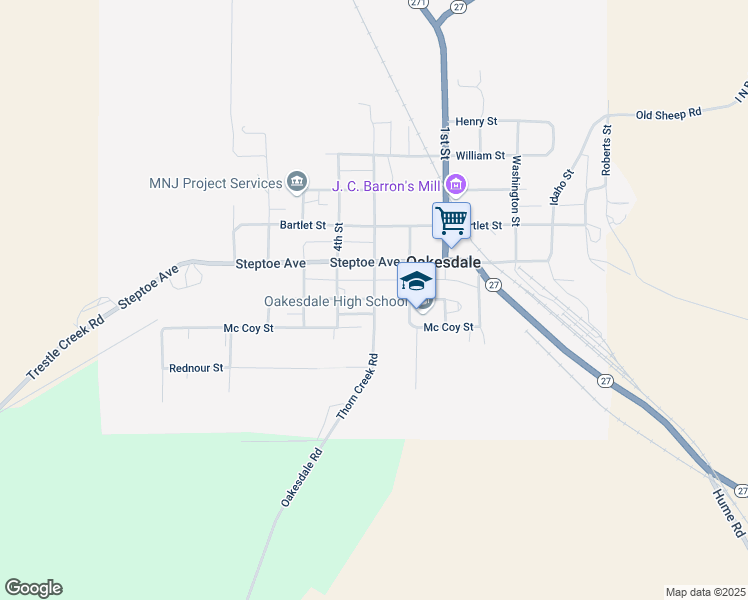map of restaurants, bars, coffee shops, grocery stores, and more near 301 Pearl Street in Oakesdale
