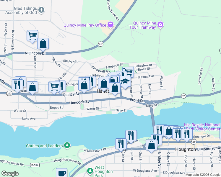 map of restaurants, bars, coffee shops, grocery stores, and more near in Hancock