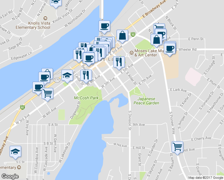 map of restaurants, bars, coffee shops, grocery stores, and more near 208 West 6th Avenue in Moses Lake