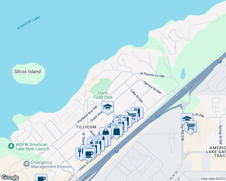 map of restaurants, bars, coffee shops, grocery stores, and more near 14624 Portland Avenue Southwest in Lakewood