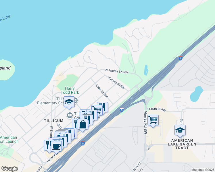 map of restaurants, bars, coffee shops, grocery stores, and more near 14428 Washington Avenue Southwest in Tacoma