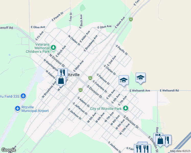 map of restaurants, bars, coffee shops, grocery stores, and more near 210 East 1st Avenue in Ritzville