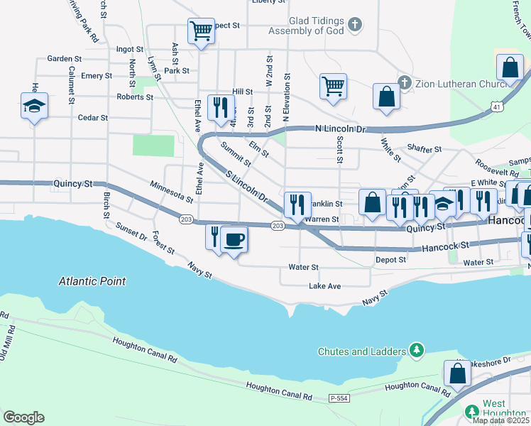 map of restaurants, bars, coffee shops, grocery stores, and more near 901-999 Quincy Street in Hancock