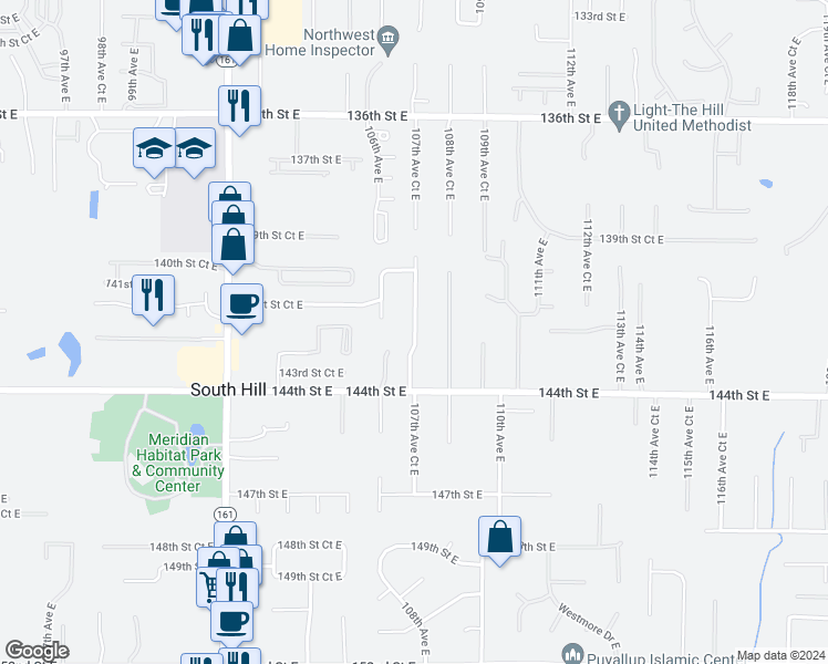map of restaurants, bars, coffee shops, grocery stores, and more near 14210 107th Avenue Court East in South Hill