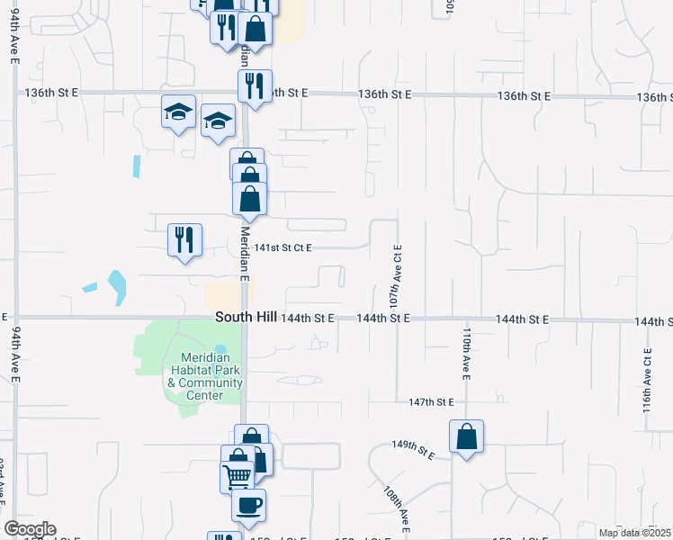 map of restaurants, bars, coffee shops, grocery stores, and more near 14209 103rd Avenue Court East in Puyallup