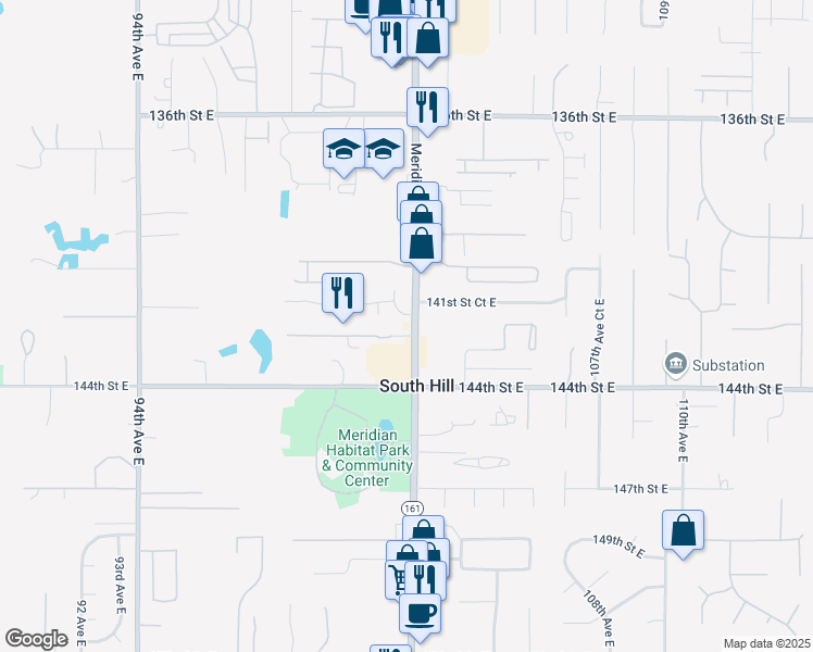 map of restaurants, bars, coffee shops, grocery stores, and more near 14214 Meridian East in Puyallup