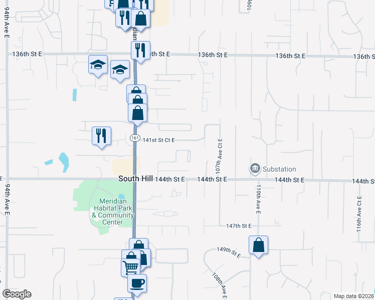 map of restaurants, bars, coffee shops, grocery stores, and more near 14229 103rd Avenue Court East in South Hill