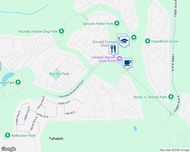map of restaurants, bars, coffee shops, grocery stores, and more near 18926 141st Street East in Bonney Lake